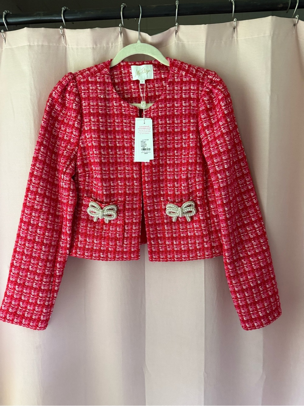 Lilly Pulitzer Red Tweed Cropped Blazer with Pearl Bow Accents